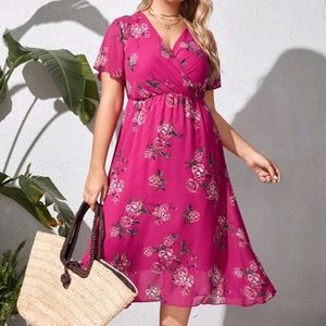 Hot Pink Surplice Front Floral Print Overlay Dress 4x